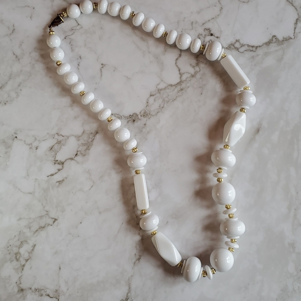 Vintage Chunky White Bead and Gold Tone Necklace